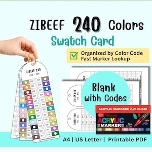 Könnte beinhalten: Ein Farbmusterkarten-Set mit dem Text "ZIBEEF 240 Colors Swatch Card". Das Set enthält eine Farbkarte, leere Karten mit Codes und eine Schachtel Acrylmarker. Die Farbkarte ist nach Farbcode geordnet. A4 und US Letter druckbare PDF.