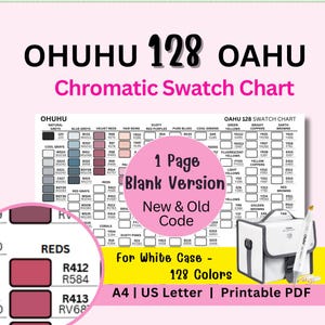 May include: A color swatch chart for Ohuhu 128 Oahu markers. The chart includes color names and codes, with a pink circle in the center that says "1 Page Blank Version". A white case and marker are visible.