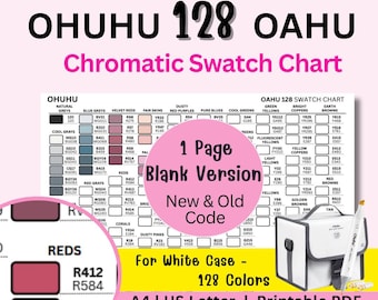 Tabla de muestras cromáticas Ohuhu 128 Oahu (estuche blanco) / Tabla de muestras en blanco / Códigos nuevos y antiguos / A4, tamaño carta de EE. UU., PDF imprimible