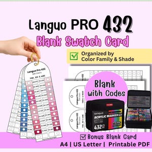 May include: Languo PRO 432 Blank Swatch Card set featuring organized color families and shades. Includes printable A4 and US Letter PDF files, blank cards with codes, and a black carrying case filled with acrylic markers labeled 432 PCS.