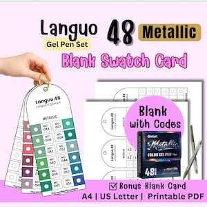 Nuancier de stylos gel métallisés Languo 48 (PDF imprimable), Qimiart P660 Color Tracker, codes couleurs pré-remplis, nuancier vierge inclus.