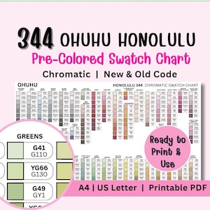 Op de afbeelding: Een afdrukbare PDF-kleurenkaart voor 344 Ohuhu Honolulu markers. De kaart bevat een chromatische kleurengids met nieuwe en oude codes, klaar om af te drukken en te gebruiken. Inclusief A4- en US Letter-formaten.