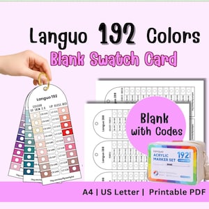 以下が含まれることがあります： Langou 192 Colorsのブランクスウォッチカードの画像。リップグロスレッドとスキントーンの色見本カードと、コード付きのブランクカードのセットが表示されています。「Blank with Codes」というテキストがピンク色の円の中にあります。マーカーセットも表示されています。