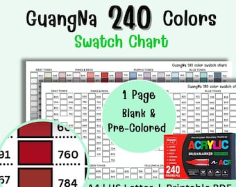 May include: A printable PDF swatch chart for GuangNa 240 Colors, featuring color swatches in various tones. Includes a color palette with pinks, reds, purples, and blues. The chart is A4 and US Letter size.