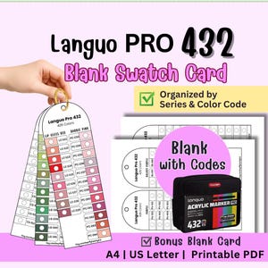 May include: A Languo PRO 432 blank swatch card set featuring organised colour codes and series. The printable PDF includes A4 and US Letter formats, with a black acrylic marker case shown. The cards feature rows of circles for colour testing.