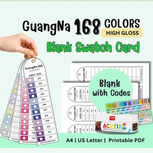 Puede incluir: Un conjunto de tarjetas de muestra en blanco GuangNa 168 colores de alto brillo en formato PDF imprimible. Las tarjetas de papel blanco presentan filas de espacios circulares y códigos alfanuméricos. Incluye una caja de marcadores acrílicos.