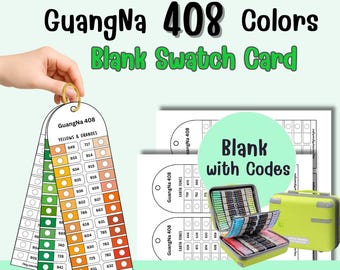 May include: A set of blank swatch cards and a case of 408 colored markers. The cards are labeled "GuangNa 408 Colors" and "Blank Swatch Card". The color palette includes yellows, oranges, and earth tones. The image also includes the text "A4 | US Letter | Printable PDF".
