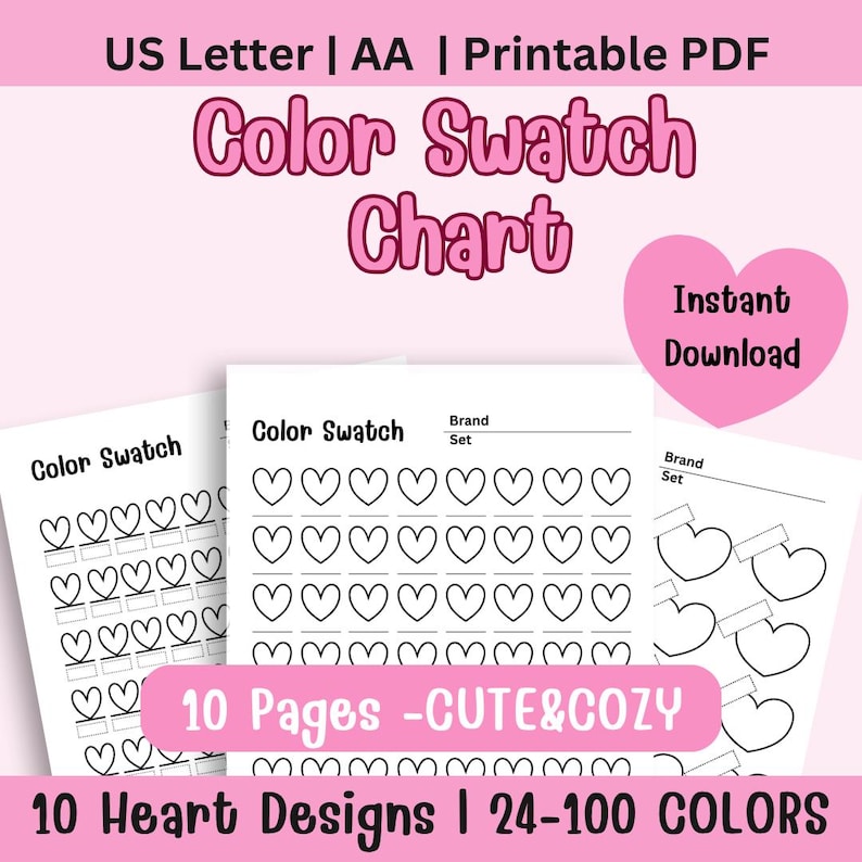 Heart Color Chart Printable Color Swatch Chart| Heart Color Tracker | Marker Color Chart ...