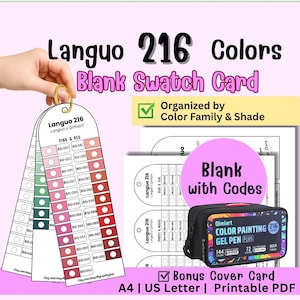 May include: A Languo 216 colors blank swatch card set featuring organized color families and shades. The printable PDF includes a bonus cover card, blank templates with codes, and a black Qimiart color painting gel pen carrying case.