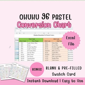 May include: A digital download featuring an Ohuhu 96 Pastel color conversion chart in an Excel file format. Includes a bonus of blank and pre-filled swatch cards. The chart lists color codes and names, with an 'Instant Download' option.