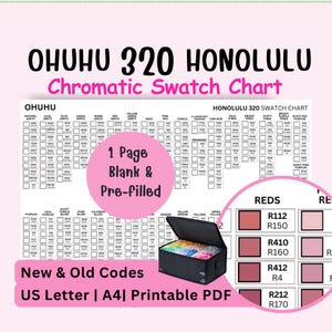 May include: A printable PDF chromatic swatch chart labeled "OHUHU 320 HONOLULU". The chart includes color swatches, a color marker case, and the text "New & Old Codes" and "US Letter | A4 | Printable PDF".