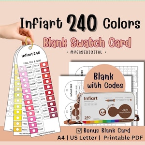 Peut inclure: Carte d'échantillons vierge Infiart 240 couleurs en format PDF imprimable A4 et US Letter. L'ensemble comprend une carte sur anneau avec des codes de couleurs rose, rouge et vin, une carte vierge avec codes et une boîte de 240 marqueurs acryliques.