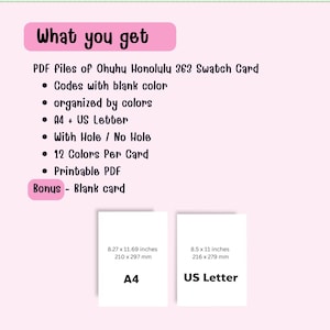 K&ouml;nnte beinhalten: Ein rosa Grafik mit dem Text "What you get" und einer Liste von Funktionen f&uuml;r ein digitales Produkt, einschlie&szlig;lich PDF-Dateien, Farbcodes und A4- und US-Letter-Gr&ouml;&szlig;en. Zwei wei&szlig;e rechteckige Karten sind abgebildet, eine mit der Bezeichnung A4 (210 x 297 mm) und die andere US Letter (216 x 279 mm).
