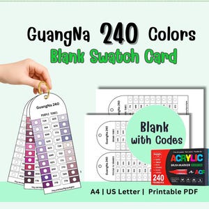 May include: A set of blank swatch cards with color codes, labeled "GuangNa 240 Colors." The cards display purple, yellow, and orange tones. A red acrylic brush marker box is also visible, along with the text "A4 | US Letter | Printable PDF."