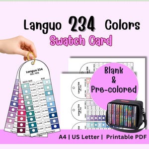 Puede incluir: Tarjetas de muestra de color para bolígrafos de gel Languo 234. Las tarjetas muestran una gama de colores, incluyendo azul polvoriento, azul, púrpura y rosa dulce. La imagen también muestra un estuche negro lleno de bolígrafos y el texto "Blank & Pre-colored".