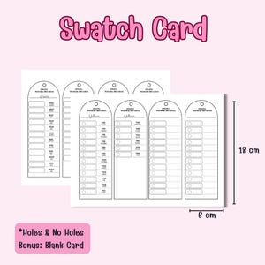 K&ouml;nnte beinhalten: Wei&szlig;e Farbmusterkarten mit Farbmustern, beschriftet mit "Swatch Card". Die Karten sind 18 cm hoch und 6 cm breit. Der Text "*Holes & No Holes Bonus: Blank Card" steht unten. Der Hintergrund ist rosa.