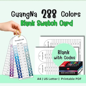 May include: A set of blank swatch cards with the text "GuangNa 288 Colors Blank Swatch Card". The cards are held by a hand and feature color swatches and codes. A box of acrylic markers is also visible.