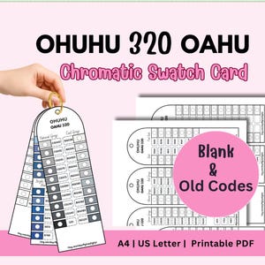 Peut inclure: Une carte d'échantillons chromatiques avec le texte "OHUHU 320 OAHU" et "Chromatic Swatch Card". La carte affiche des échantillons de couleurs dans diverses nuances de bleu et de gris, avec un anneau pour tenir la carte. Des feuilles supplémentaires avec des codes de couleurs vierges sont également présentées.