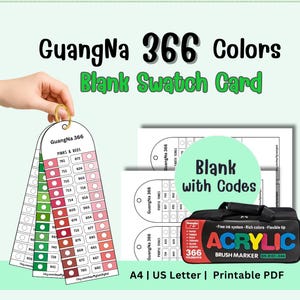 Könnte beinhalten: Bild eines leeren Farbmusterkarten-Sets für GuangNa 366 Farben. Das Set enthält Farbmuster in Pink- und Rottönen, Lilatönen und Erdtönen. Eine schwarze Tragetasche mit dem Text "ACRYLIC BRUSH MARKER" ist ebenfalls enthalten. Der Text "A4 | US Letter | Printable PDF" befindet sich unten.