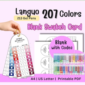 Peut inclure: Image de cartes d'échantillons vierges pour 213 stylos gel avec 207 couleurs. Les cartes sont étiquetées avec des noms et des codes de couleurs. L'image montre également un ensemble de stylos gel et le texte "Blank Swatch Card".