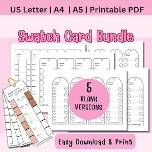 May include: A collection of printable swatch cards in various shapes, including hearts and teardrops, with a color palette fan. The text on the image reads "Swatch Card Bundle", "5 Blank Versions", and "Easy Download & Print".
