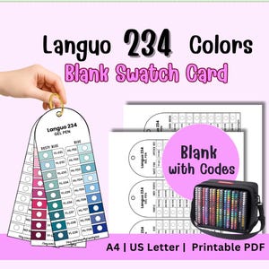 May include: A printable PDF swatch card set for Languo 234 gel pens. The set includes a blank swatch card with color codes, a color chart, and a carrying case. The color chart features a range of colors, including blue and pink.