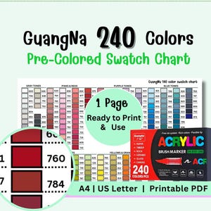 Peut inclure: Un nuancier pré-coloré pour les marqueurs pinceaux acryliques GuangNa 240. Le nuancier comprend des échantillons de couleurs dans les tons gris, roses, rouges, violets, bleus, jaunes et oranges. Prêt à imprimer en A4 ou US Letter.