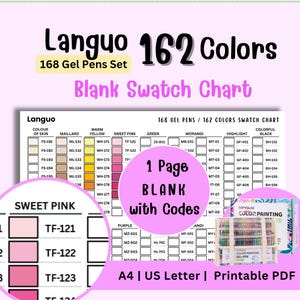 Peut inclure: Un nuancier vierge pour un ensemble de 168 stylos gel Languo avec 162 couleurs. Le PDF imprimable inclut les formats A4 et US Letter. Le tableau présente des colonnes de couleurs classées avec des codes comme TF-121, TF-122 et TF-123.