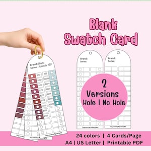 Könnte beinhalten: Eine rosa und weiße druckbare Farbmusterkarte mit dem Text "Blank Swatch Card". Die Karte enthält Farbfelder mit 24 Farben pro Seite und ist in den Größen A4 und US Letter erhältlich. Enthält zwei Versionen: Loch und ohne Loch.