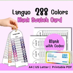 Puede incluir: Un conjunto de tarjetas de muestra en blanco con el texto "Languo 288 Colors Blank Swatch Card". Las tarjetas están etiquetadas con códigos de color y la palabra "Purple". También se ve un paquete de rotuladores acrílicos.
