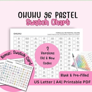 以下が含まれることがあります： 「OHUHU 96 PASTEL Swatch Chart」のテキストが入ったパステルカラーのスウォッチチャート。画像にはボーナススウォッチカードとマーカーのセットが含まれています。チャートは、古いコードと新しいコードの2つのバージョンで利用でき、USレターとA4印刷可能なPDFです。