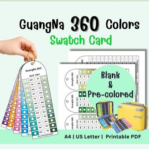 Op de afbeelding: Een kleurenstalenkaartenset met de tekst "GuangNa 360 Colors Swatch Card". De afbeelding toont een hand die een kleurenstalenwaaier vasthoudt, samen met "Blank & Pre-colored" stalenbladen en een gele koffer. De tekst "A4 | US Letter | Printable PDF" is ook zichtbaar.