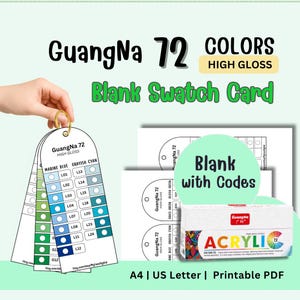 以下が含まれることがあります： 「GuangNa 72 COLORS HIGH GLOSS」のテキストが入った、アクリル絵の具用のブランクカラーチャート。青と緑の色合いが並び、カラーコードも表示されています。アクリル絵の具の箱も写っています。