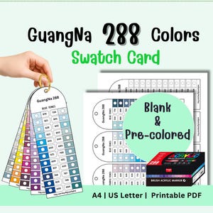 Op de afbeelding: Afbeelding van kleurstalenkaarten met het label "GuangNa 288 Colors Swatch Card". De kaarten tonen een reeks kleuren, waaronder blauw, paars en geel. De afbeelding toont ook een doos met 288 acryl brush markers en de tekst "Blank & Pre-colored".