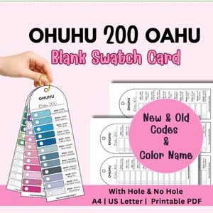 以下が含まれることがあります： 「OHUHU 200 OAHU Blank Swatch Card」のテキストが入ったピンク色の背景。色名とコードが記載されたカラースウォッチカードと、「New & Old Codes & Color Name」のテキストが入ったピンク色の円が表示されています。
