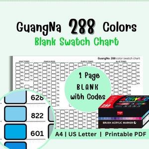 May include: A printable PDF swatch chart with 288 colors, labeled "GuangNa." The chart includes color codes and a box of acrylic brush markers. The chart is A4 and US Letter size.