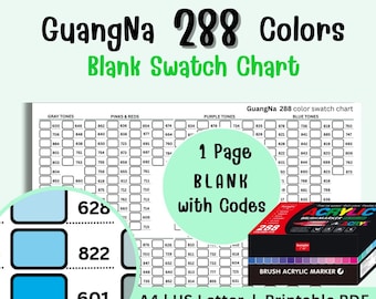 May include: A printable A4 and US Letter PDF swatch chart with 288 colours, labelled "GuangNa." The chart includes colour codes and a box of acrylic brush markers.