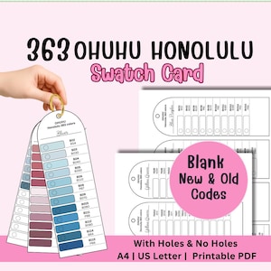 Może przedstawiać: Karta próbek z tekstem "363 OHUHU HONOLULU Swatch Card". Karta wyświetla próbki kolorów w odcieniach niebieskiego, z tekstem "Blues" powyżej. Dodatkowe karty pokazują kody kolorów i tekst "Blank New & Old Codes".