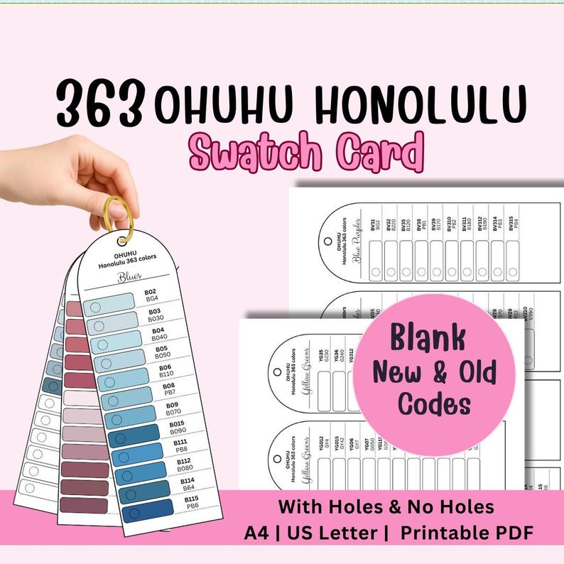 K&ouml;nnte beinhalten: Eine Farbmusterkarte mit dem Text "363 OHUHU HONOLULU Swatch Card". Die Karte zeigt Farbmuster in Blaut&ouml;nen mit dem Text "Blues" dar&uuml;ber. Zus&auml;tzliche Karten zeigen Farbcodes und den Text "Blank New & Old Codes".