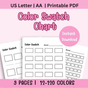 以下が含まれることがあります： ピンク色の「Color Swatch Chart」というテキストが入った、印刷可能なPDFカラーチャート。チャートには、カラースウォッチとブランド名のためのスペースが含まれています。画像には「Instant Download」と「9 PAGES | 12-120 COLORS」というテキストも含まれています。