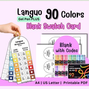 Puede incluir: Imagen promocional de bolígrafos de gel Languo, con 90 colores. La imagen incluye una tarjeta de muestra en blanco, muestras de color y una caja de bolígrafos de gel. El texto dice "Blank Swatch Card" y "90 Colors".