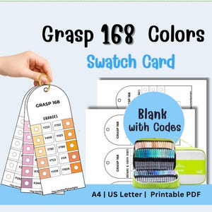Op de afbeelding: Een printbare Grasp 168 kleurenstaalkaartset met witte papieren labels met oranje en roze kleurblokken, alfanumerieke codes en een rond gat voor inbinding, inclusief een digitale weergave van een etui met stiften.