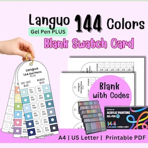 Languo 144 Colors Gel Pen PLUS Swatch Card Printable PDF, Acrylic Painting Gel Pen Color Chart, Blank Color Tracker, A4 & US Letter