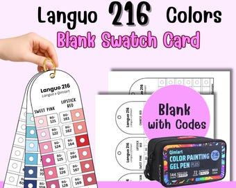 Tarjeta de muestras de bolígrafos de gel Languo 216, tabla de códigos de color para Languo x Qimiart 216 colores, en blanco con códigos, PDF imprimible A4 Carta estadounidense