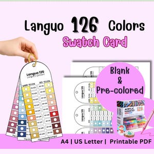 Pode incluir: Um conjunto de 126 cores de marcadores acrílicos com um cartão de amostras. O cartão exibe amostras de cores em tons de amarelo quente, vermelho amarelo e azul. A imagem também mostra uma caixa de marcadores e um marcador rosa.