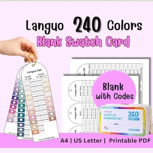 Peut inclure: Image de cartes d'échantillons vierges et d'un ensemble de marqueurs acryliques. Les cartes affichent des échantillons de couleurs et des codes, avec le texte "Languo 240 Colors Blank Swatch Card". L'ensemble de marqueurs contient 240 marqueurs à pointe souple.