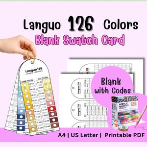 May include: A set of blank swatch cards with the text "Languo 126 Colors Blank Swatch Card". The cards are designed for acrylic markers and include color codes. A box of 126 acrylic markers and a pink marker are also visible.