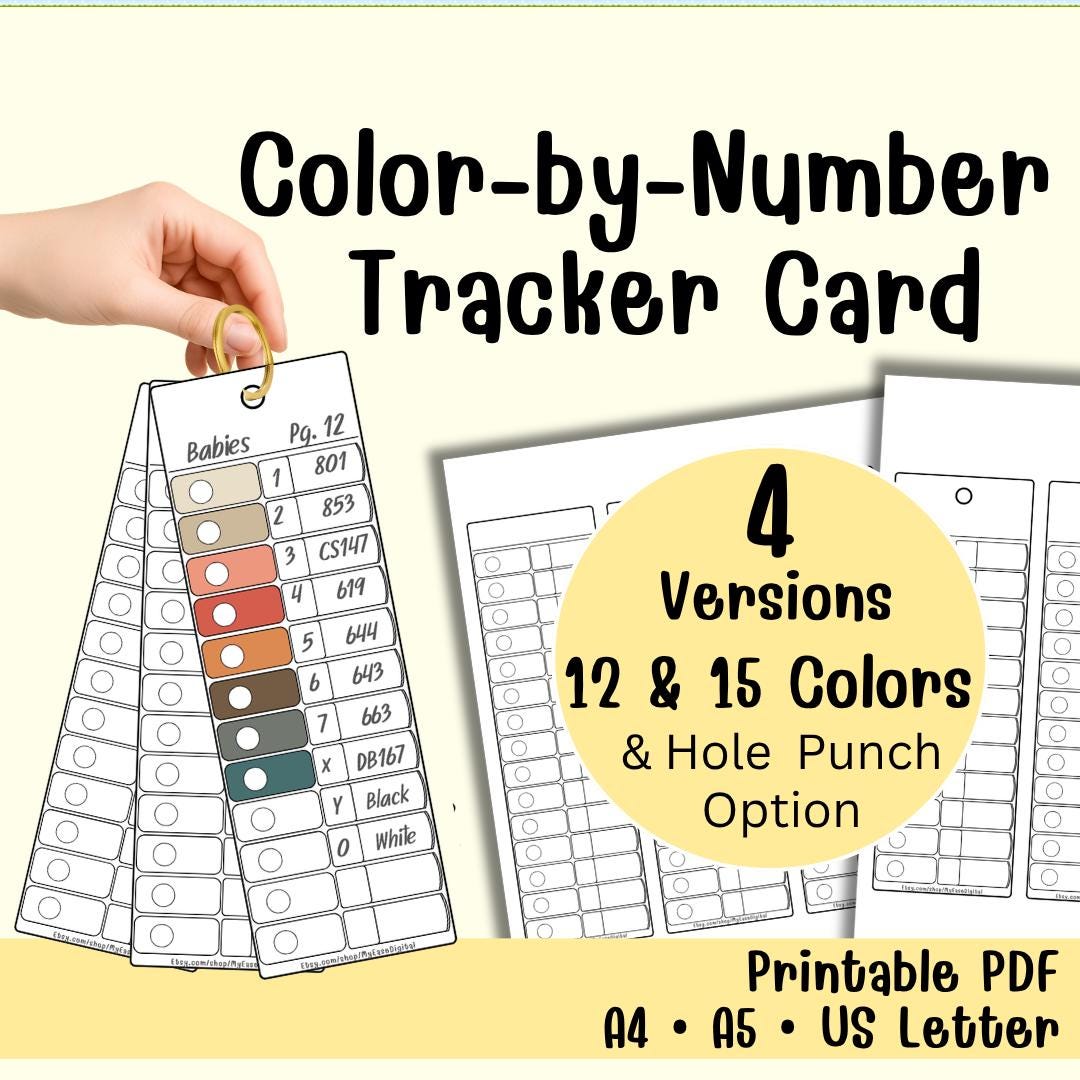 Color by Number Tracker Card Printable PDF 12 or 15 Color Layout A4 A5 ...