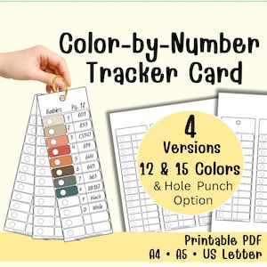 May include: A color-by-number tracker card with a ring, displaying color swatches and corresponding numbers. The card includes the text "Babies" and "Pg. 12". Additional text indicates "4 Versions", "12 & 15 Colors", and "Printable PDF".