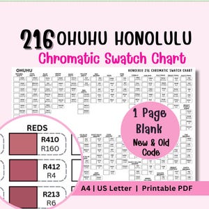 Puede incluir: Un gráfico de muestras cromáticas Ohuhu Honolulu 216 imprimible en PDF. El gráfico presenta muestras de color con códigos, organizadas por familias de colores. Incluye una página en blanco para probar colores. Disponible en tamaños A4 y US Letter.
